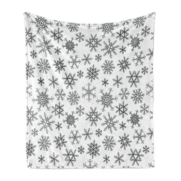 Snowflake Soft Flannel Fleece Throw Blanket, Line Art Design Snowflake Pattern Geometric Arrangement with Circles Hexagons, Cozy Plush for Indoor and Outdoor Use, 70" x 90", Black White, by Ambesonne