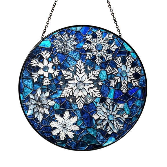 Snowflake Stained Glass Suncatcher – Blue Green Winter Window Decor Christmas Gift