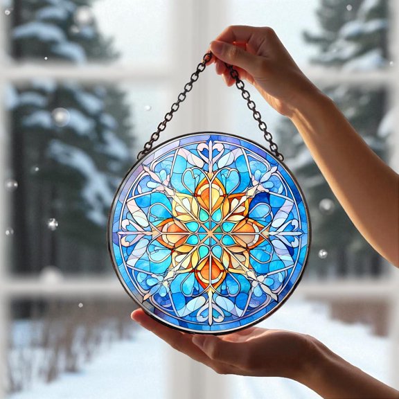 Snowflake Stained Glass Suncatcher, Frosted Winter Window Decor, Crystal Ice Theme, Holiday Gift for Christmas Lovers, Christmas Suncatcher