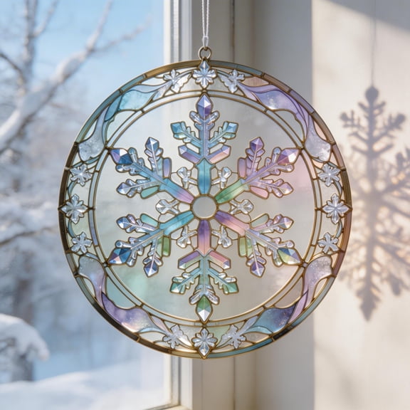 Snowflake Stained Glass Suncatcher, Round Pastel Winter Window Hanging Ornament, Christmas Crystal Home Decor size 7.9in