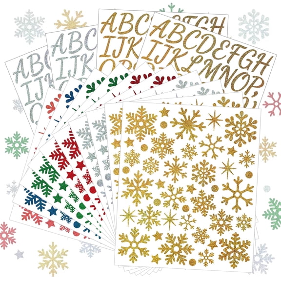 Snowflake Stickers & Letter Sticker Set - 14 Sheets Waterproof Glitter Stickers for Arts, Home Party DIY Crafts Supplies, Holiday Envelope Invitations Cards Gift Decor