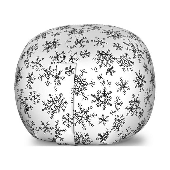 Snowflake Storage Toy Bag Chair, Line Art Design Snowflake Pattern Geometric Arrangement with Circles Hexagons, Stuffed Animal Organizer Washable Bag, Large Size, Black White, by Ambesonne