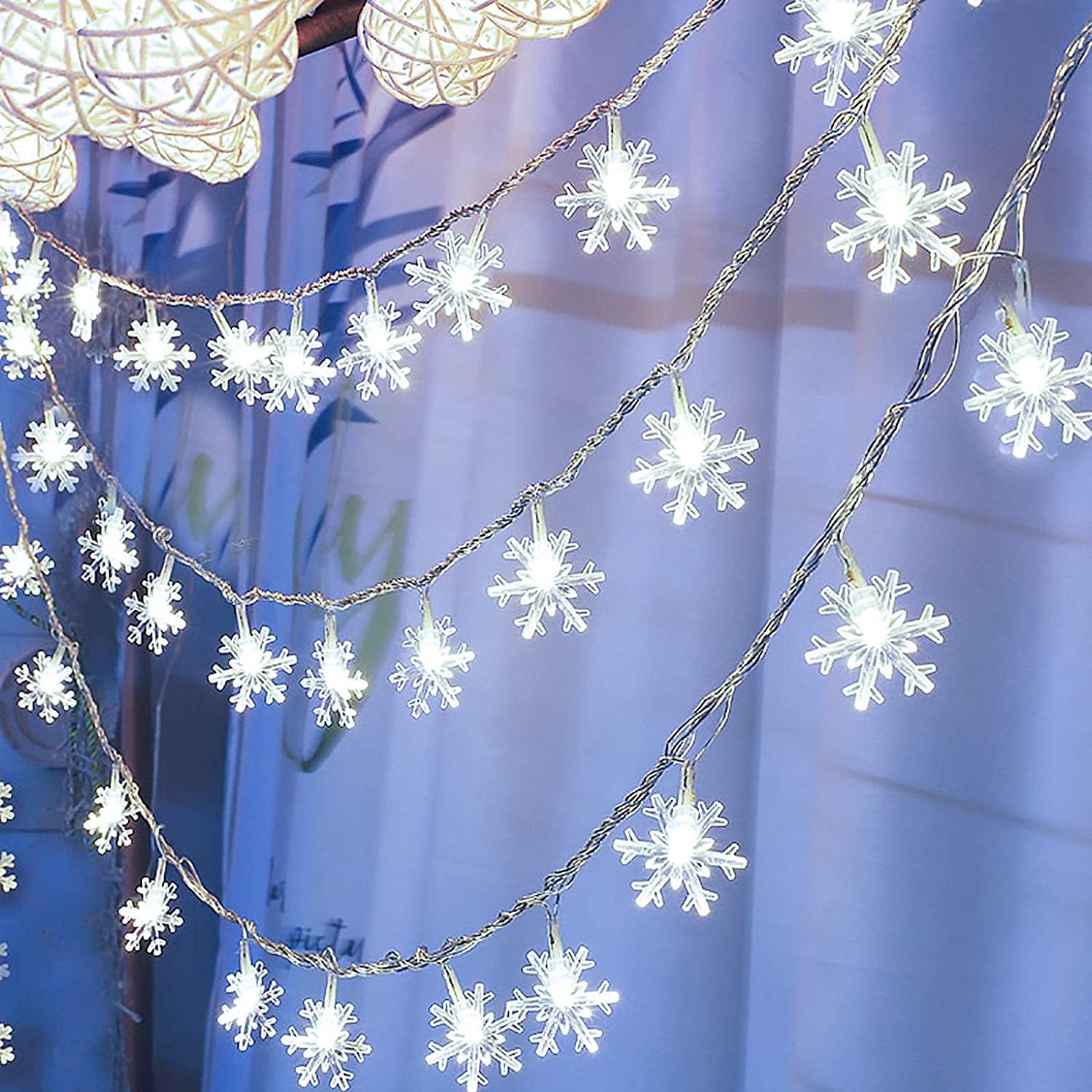 TiokMc 20ft 40 LED Snowflake String Lights, Battery Operated with 2 ...