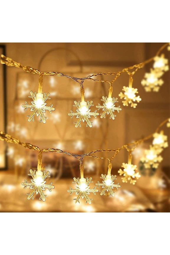 20ft 40 LED Snowflake String Lights, Battery Operated with 2 Modes (Twinkle/Steady), Waterproof Copper Wire Fairy Lights for Bedroom, Party, Home, Outdoor Decor (Warm White)