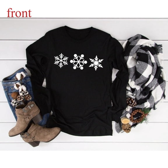 Snowflake Sweatshirt Tops Holiday Winter Let It Snow Design Breathable Round-neck long-sleeved Black S-3XL