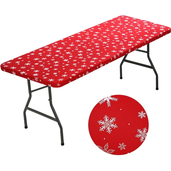 Snowflake Tablecloth Elastic Edge Tight Fit Rectangular Folding Tablecloth 6 ft, 30 x 72 Inch Waterproof Polyester Fabric Tablecloth Christmas Indoor and Outdoor Family Picnic (Blue, Silver)
