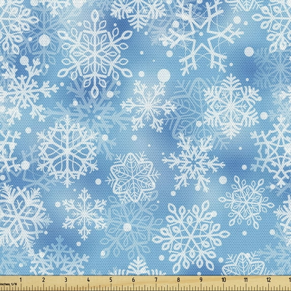 Snowflake Upholstery Fabric by the Yard, Pattern of Winter Motifs Cold Weather Illustration with Abstract Circles, Decorative Fabric for DIY and Home Accents, 10 Yards, Pale Blue White by Ambesonne