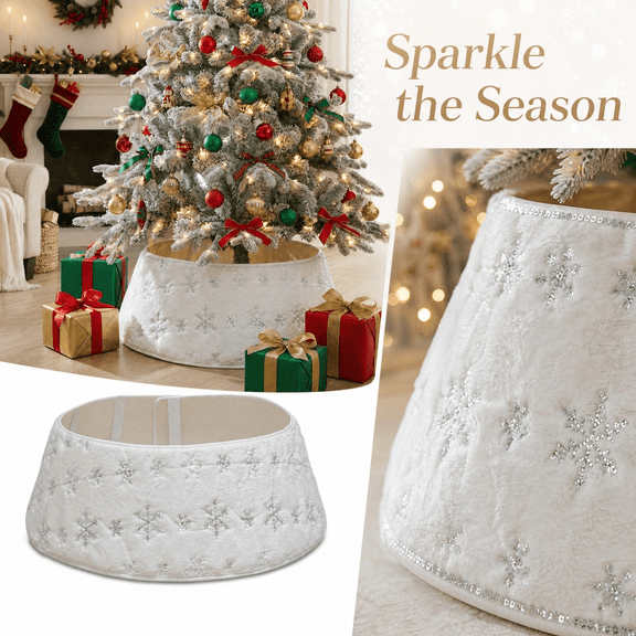 Snowflake White Christmas Tree Collar, Decorative Christmas Tree Ring, Christmas Tree Base Cover Ornament, White Snowflake Design Fits Most Standard Tree Stands