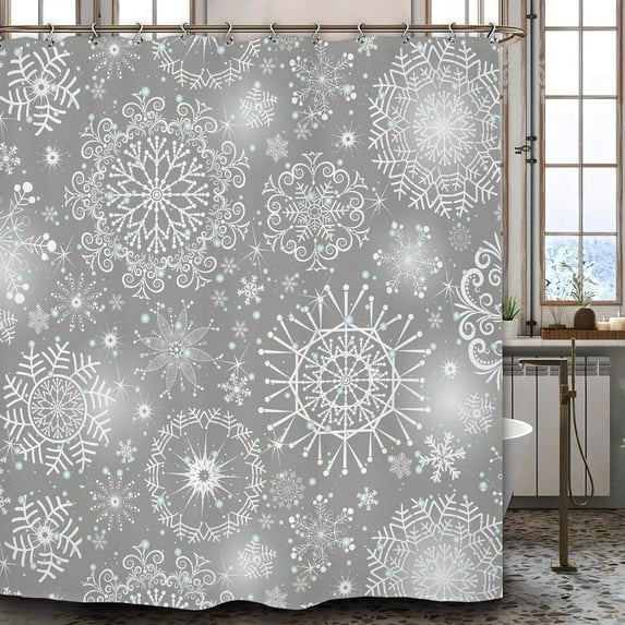 Snowflake Winter Bathroom Shower Curtain 71W by 71H Inch Snow Christmas Gray Holiday Xmas New Year Polyester Fabric 12 Plastic Hooks Waterproof Decor