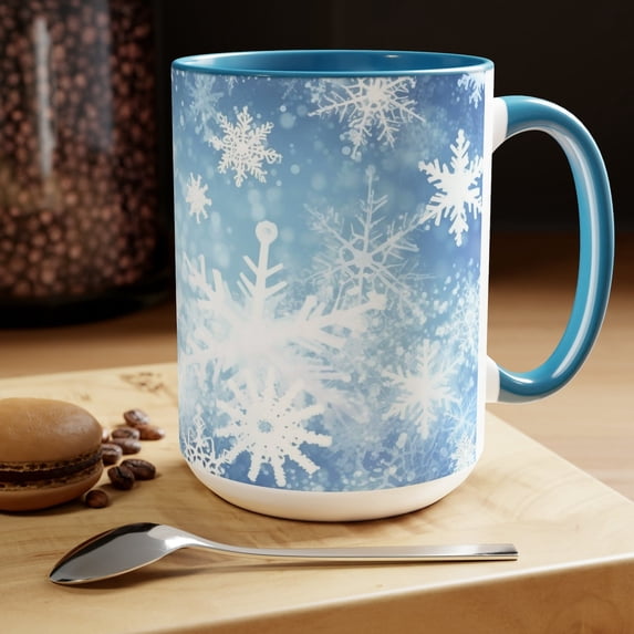 Snowflake Winter Mug – Blue Ceramic Coffee Cup, Frozen Ice Crystal Snow Mug, Cozy Christmas Holiday Gift for Her or Him
