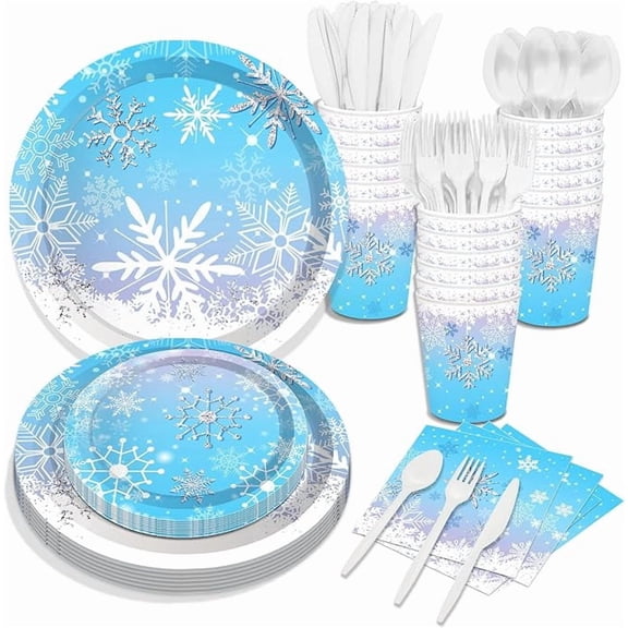 Snowflake Winter Wonderland Party Tableware Set 116 Pieces Serves 16