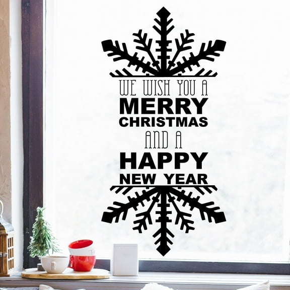 (Snowflake) We Wish You A Merry Christmas And A Happy New Year Vinyl Lettering Wall Decal Sticker Christmas Holiday Decals and Decor - Size: 32"H x 16"L - Color: Black
