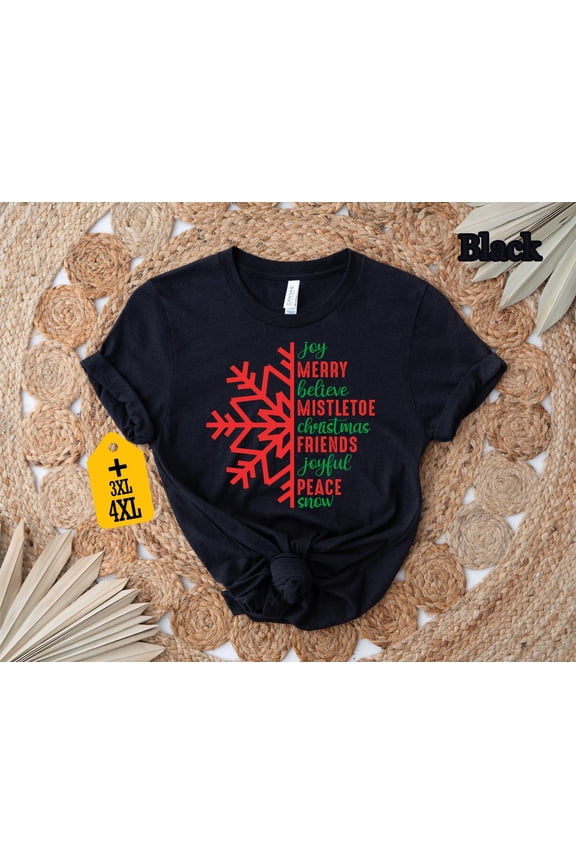 Snowflake Words Shirt, Joy Merry Believe Tee, Festive Red and Green T-Shirt, Winter Shirt, Women All Size S-5Xl