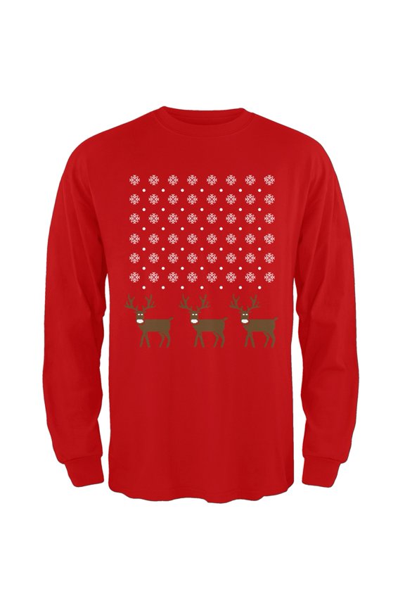 Snowflake and Reindeer Ugly Christmas Red Adult Long Sleeve T-Shirt - X-Large