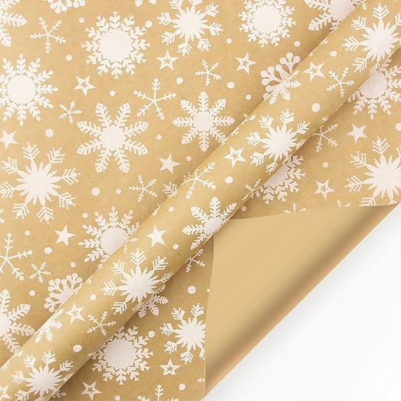 Snowflake and Star Print Kraft Wrapping Paper Roll for Holiday Gift Packaging Christmas Presents Birthdays Parties Crafts