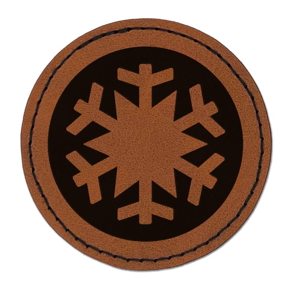 Snowflake in Circle Winter Snowing 2.5" Faux Leather Round Engraved Iron-On Patch - Brown