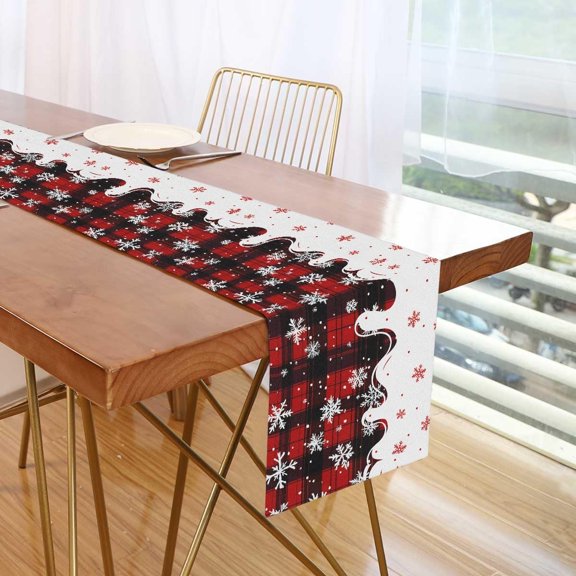 Snowflake with Red Checkerboard Icecream Shape Wood Table Runner, Table Runners Polyester Cotton for Party Event Festival Decoration