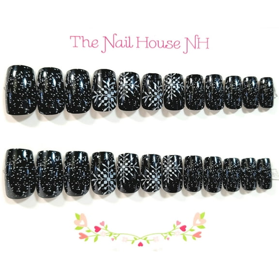 Snowflakes At Midnight Glossy Medium Square Press On Nails - 24 Pieces  - Winter Nails