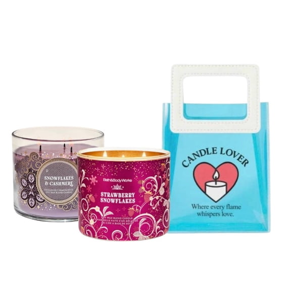 Snowflakes & Cashmere and Strawberry Snowflakes- 2 Candles - Bath & Body Work- 3-Wick Scented Candle 14.5 OZ Burns 25-45 Hours and Gift Bag CANDLE'S Lovers (Label Artwork Varies)