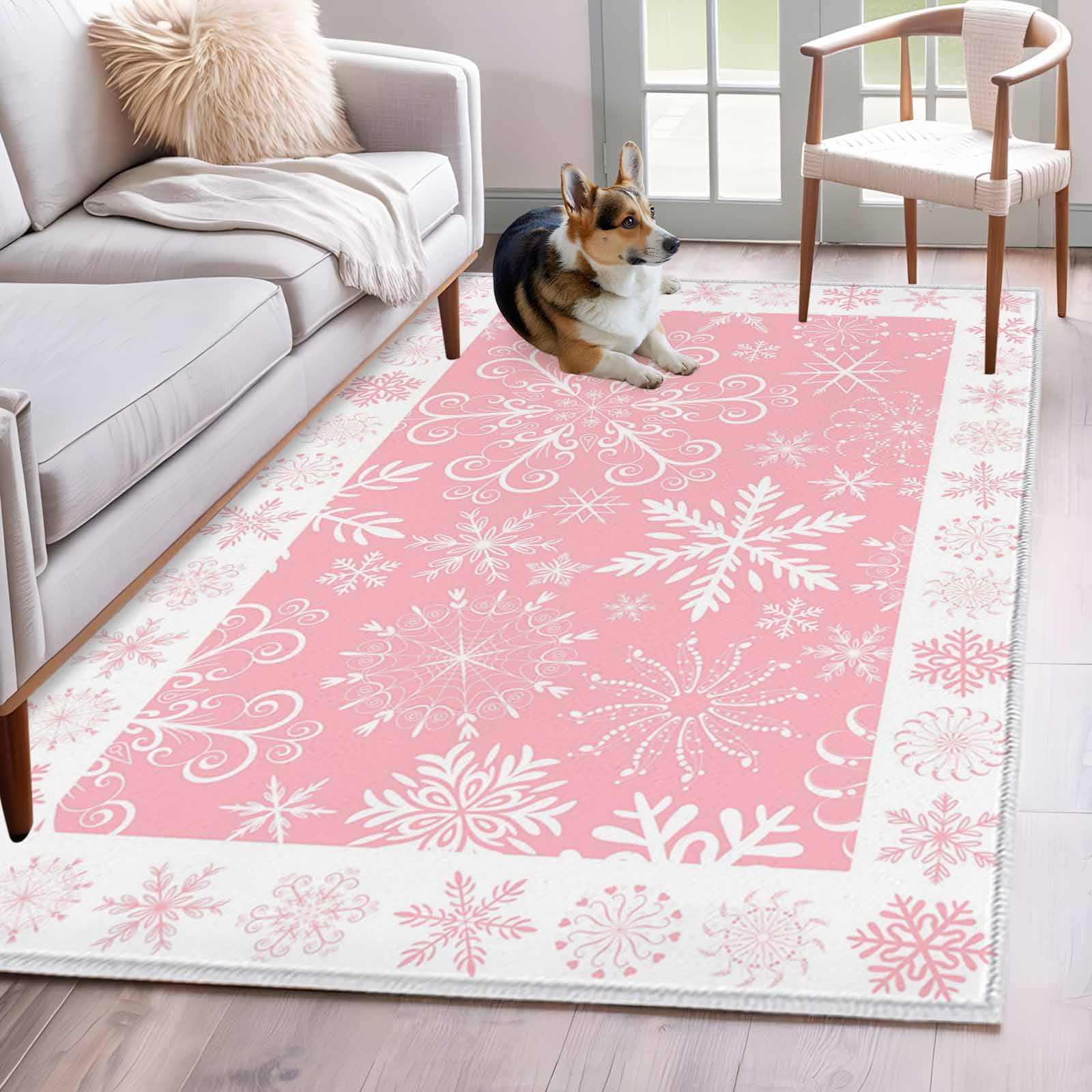 Snowflakes Christmas Area Rug 3x5 Washable Rug Non Slip Pink Xmas Winter Vintage Large Area Rug Indoor Floor Carpet for Entryway Bedroom Kitchen Living Room Home Office Dining Room Nursery