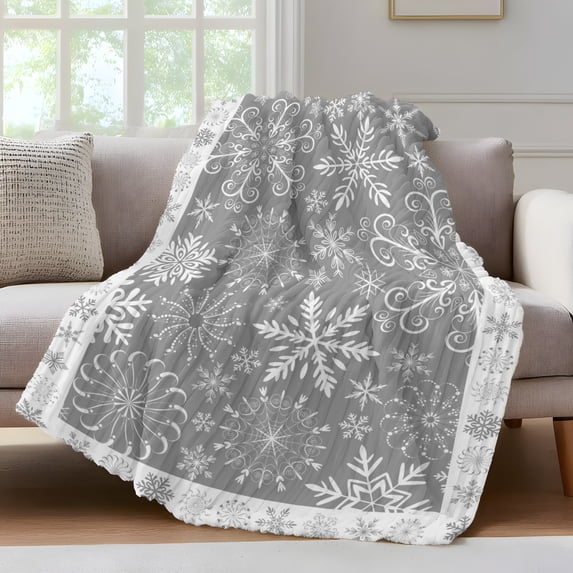 Snowflakes Christmas Fleece Throw Blanket for Couch, Grey Xmas Winter Vintage Microfiber Flannel Blanket for All Season, Lightweight Soft Throw Blankets for Bed, Sofa, Travel, 50"x60"