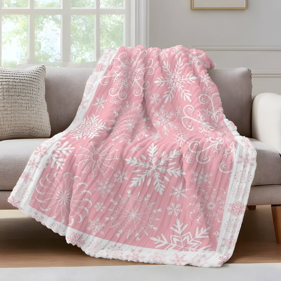 Snowflakes Christmas Fleece Throw Blanket for Couch, Pink Xmas Winter Vintage Microfiber Flannel Blanket for All Season, Lightweight Soft Throw Blankets for Bed, Sofa, Travel, 50"x60"