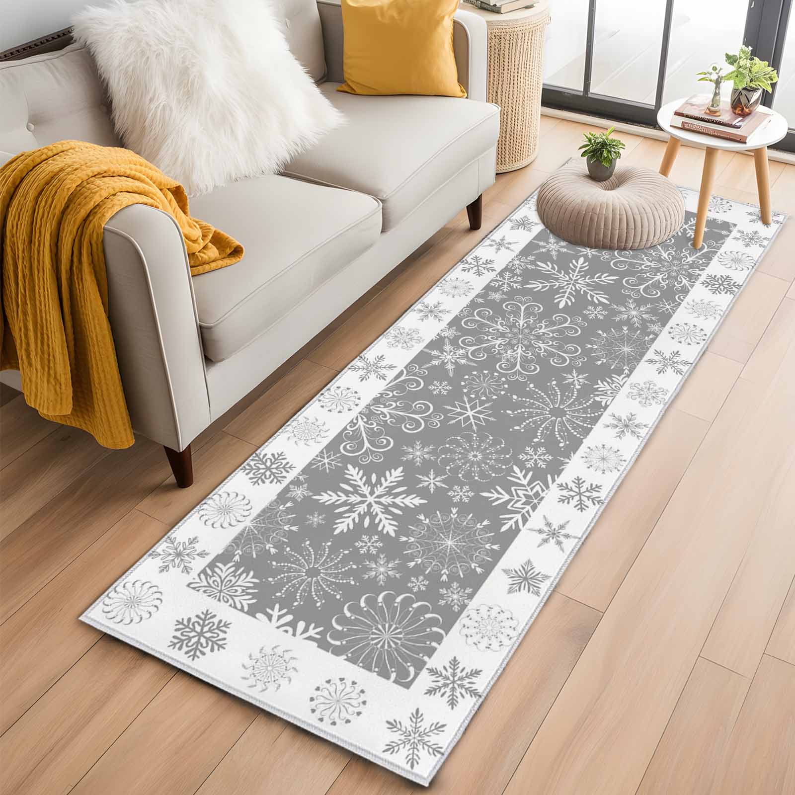 Snowflakes Christmas Kitchen Runner Rug 2x6 Washable Runners for Hallway Non Slip Grey Xmas Winter Vintage Large Area Rug Indoor Floor Carpet for Bathroom Laundry Entryway Bedroom Living Room