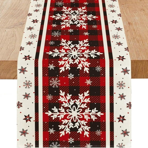 Snowflakes Christmas Table Runner with Buffalo Plaid, Winter Xmas Holiday Kitchen Dining Table Decoration for Indoor Outdoor Home Party Decor 13 x 36