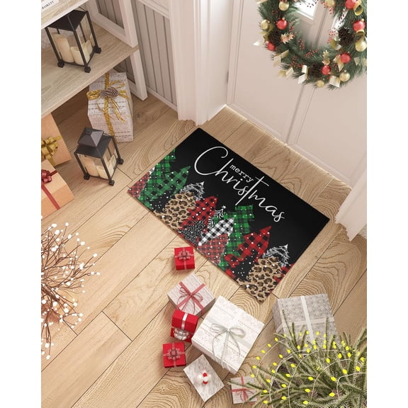 Snowflakes Front Door Mat Indoor Entrance, Christmas Red Black Plaid Non Slip Doormat Washable Low Profile Inside Rugs for Entryway, 16''''x24''''