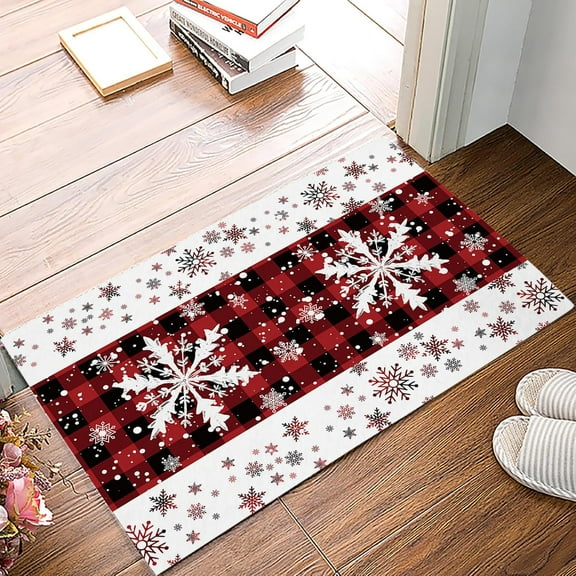 Snowflakes Front Door Mat Indoor Entrance, Christmas Red Black Plaid Non Slip Doormat Washable Low Profile Inside Rugs for Entryway, 16''''x24''''