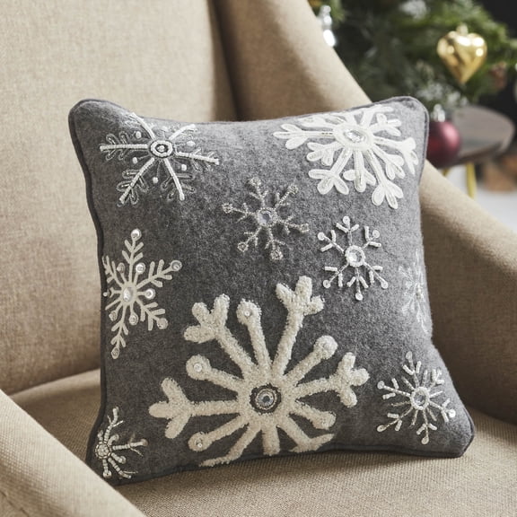 VHC Brands Snowflakes Grey Woolen Felt Pillow 12x12