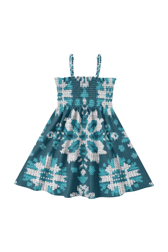 Snowflakes Knitted Pattern Symmetrical Girl's Adjustable Cami Dress Casual Sundress Smocked Ruffle A-Line 7-8Y