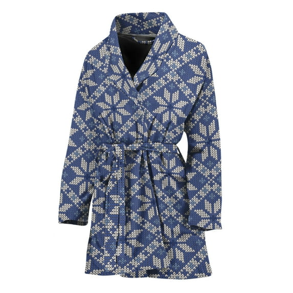 Snowflakes Knitted Pattern Women Bathrobe One Size Univeral Fits, Snow Winter Vibe Fashion Lightweight Plush Fleece Long Robe For Women