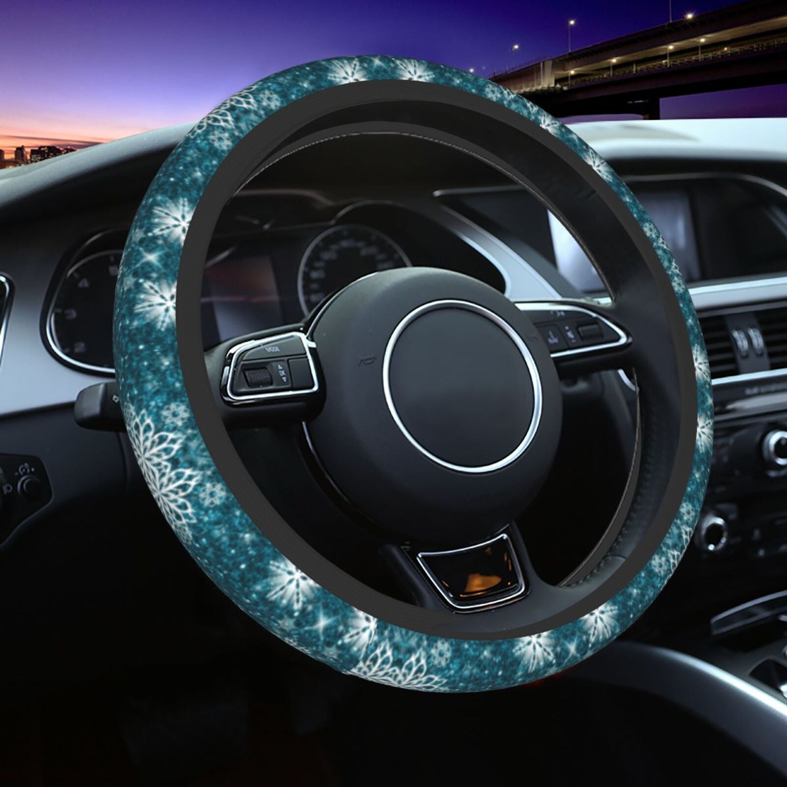 Snowflakes On Glitter Turquoise Steering Wheel Cover for Women Men