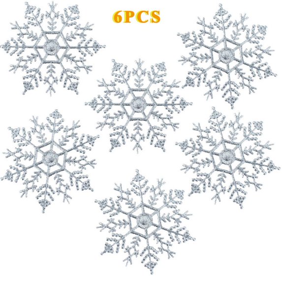 Snowflakes Ornaments for Christmas Trees, 6PCS Glitter Hanging Snow Flakes Christmas Decorations with Rope for Wedding Birthday Home Xmas Tree