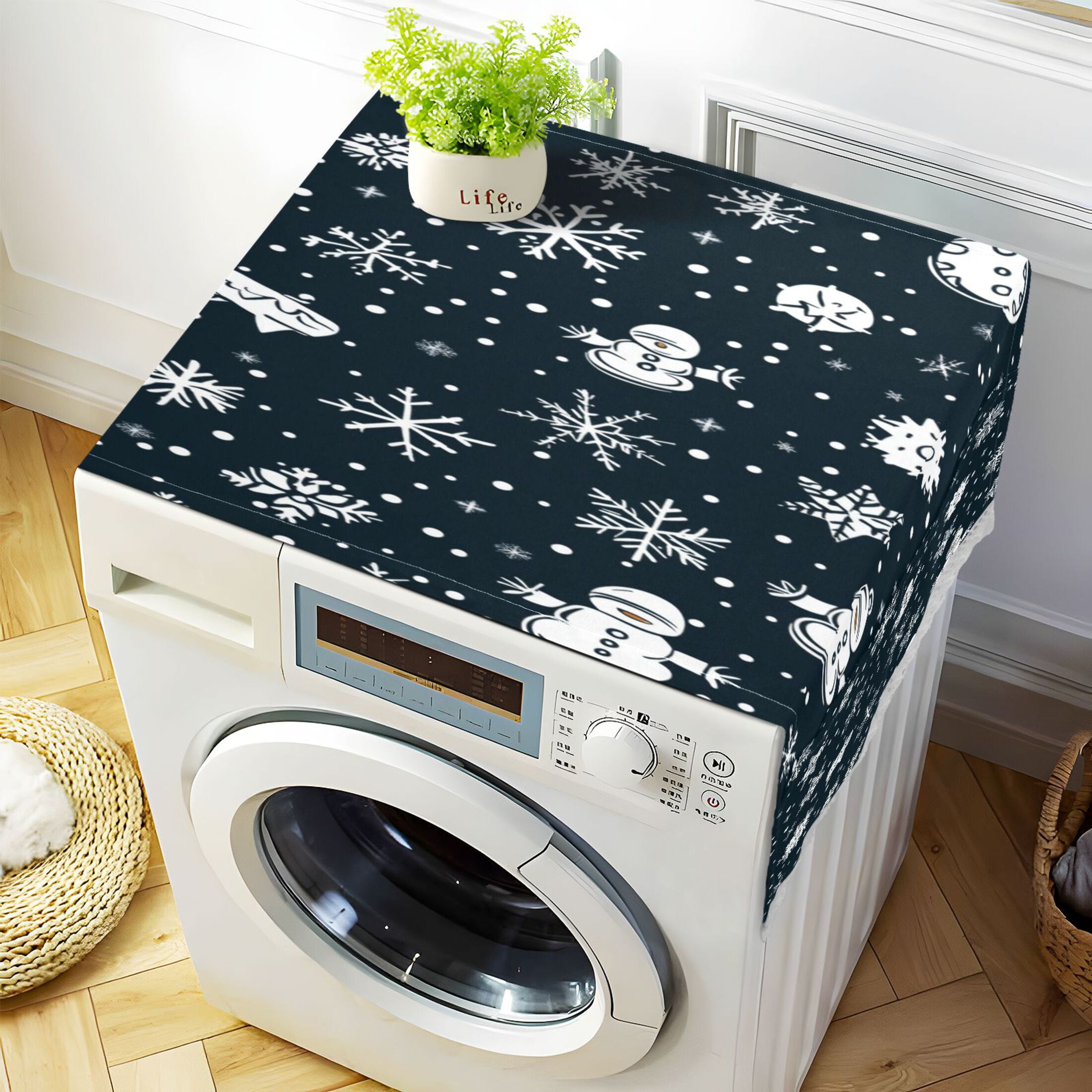 Snowflakes PatternWasher and Dryer Covers Dust-Proof and Oil Resistant Fridge Cover with 4 Storage Pockets Washing Machine Top Cover for Laundry Kitchen Home 51.2 x 22 In