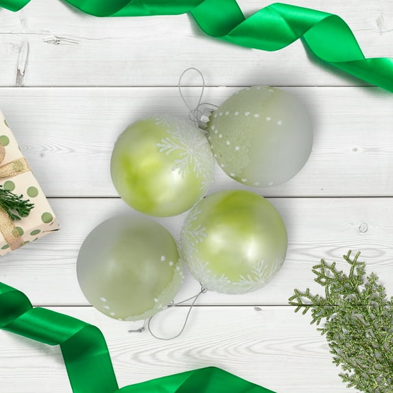 Northlight Snowflakes Shiny Glass Ball Christmas Ornaments - 3" (80mm) - Green and White - 4ct