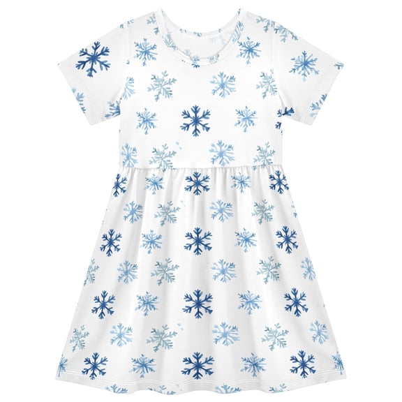 Snowflakes Short Sleeve Dress A-Line Cute Midi Casual Sundress 2-8 Years