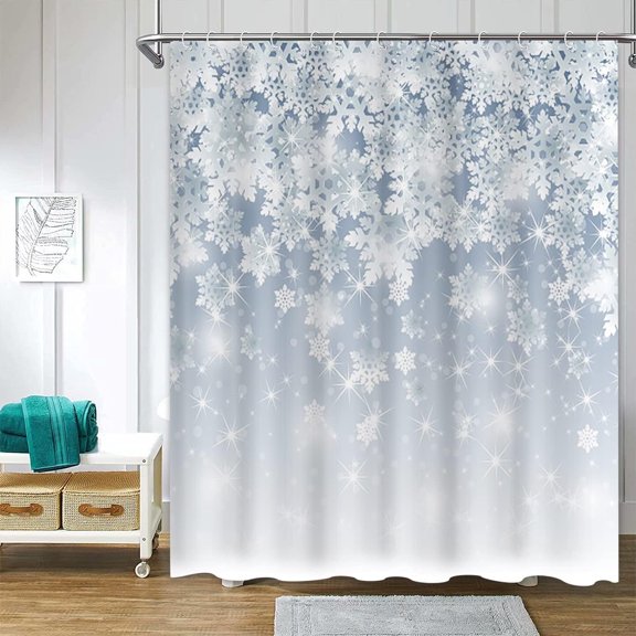 Snowflakes Shower Curtain 72x72 Inch Winter Christmas Falling White Snowflakes Shower Curtains Sets with Hooks Twinkle Snow Stars Xmas Bathroom Decor Polyester Waterproof Fabric