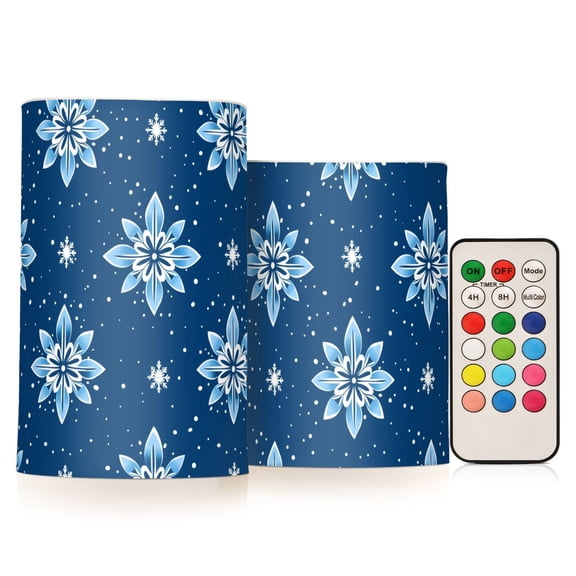 Snowflakes Snowflake Geometric Elements Blue Background Pattern Flickering Flameless Candles Battery Operated with Remote Timer LED Pillar Candles Set of 2