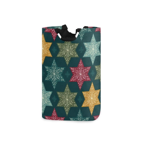 Snowflakes Stars on Dark Green Background Christmas Laundry Basket with Handles Foldable Laundry Hamper Freestanding Washing Bin 50L