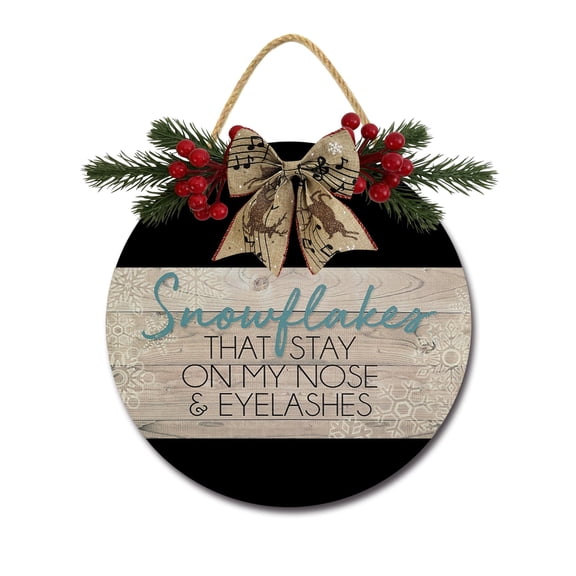 Snowflakes That Stay On My Nose And Eyelashes Sign Farmhouse Wood Sign Front Porch Decor Rustic Wooden Sign Wall Decor Hanging Wooden Decorations with Bow-Knot for Home Porch Wall Door, 11 x 11 inch
