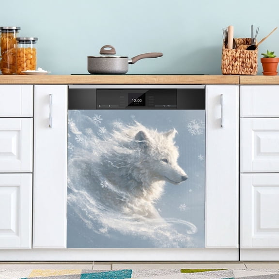 Snowflakes Swirling Around White Wolf Dishwasher Magnet Refrigerator Magnetic Cover Washing Machine Magnet Sticker Kitchen Decor