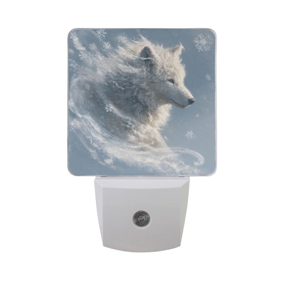 Snowflakes Swirling Around White Wolf LED Night Light Sensor Lamp Plug-in Adjustable Brightness 2 Pack