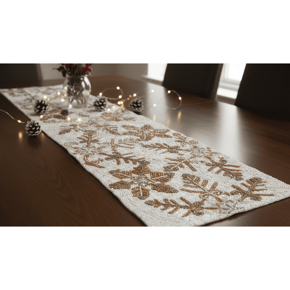 Snowflakes Table Runner, Handmade Beads Table Runner, Christmas Tableware 13X36 Inch