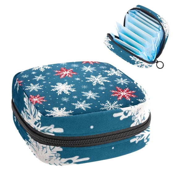 Snowflakes Velvet Period Bag Storage Organizer for Tampons and Pads, Small Bag with Sponge and Oxford Cloth, 4.7x6.6x6.6 in, Period Pouch
