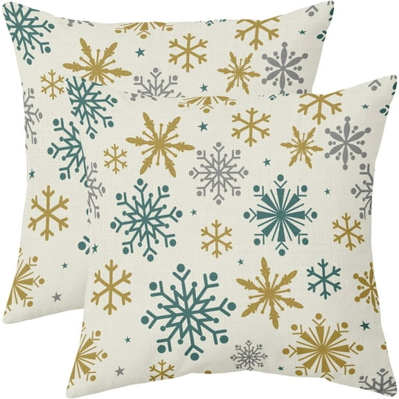 Snowflakes Winter Pillow Covers 16x16 Set of 2 Aqua Blue Yellow Gray Grey Rustic Christmas Print Outdoor Decorative Throw Pillows Vintage Holiday Farmhouse Linen Cushion Case Sofa Couch Decor