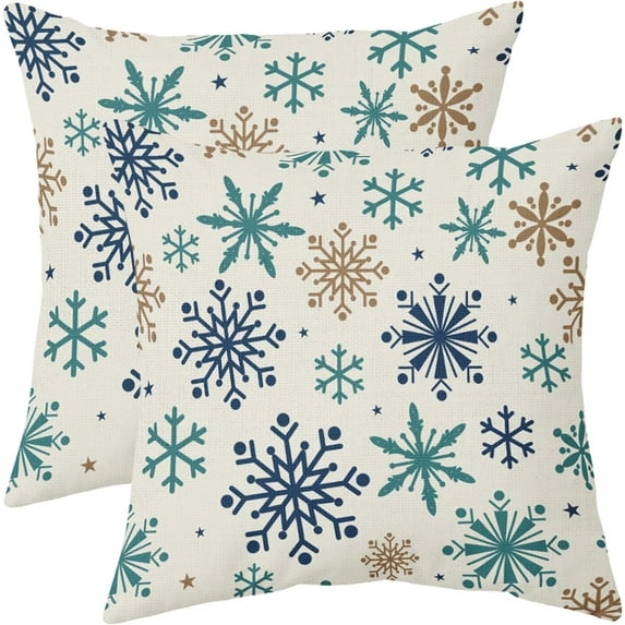 Snowflakes Winter Pillow Covers 20x20 Set of 2 Blue Teal Brown Rustic Christmas Print Outdoor Decorative Throw Pillows Vintage Holiday Farmhouse Linen Cushion Case Sofa Couch Decor