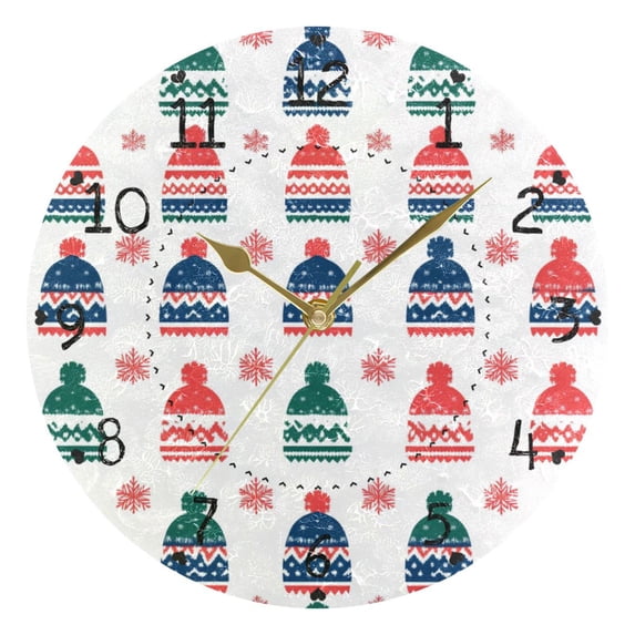 Snowflakes Woolen Hats Christmas Atmosphere Round Wall Clock Silent Analog Battery Operated Gold Pointer Home Decor 9.84" Diameter