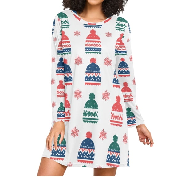 Snowflakes Woolen Hats Christmas Atmosphere Women's Long Sleeves Nightgowns Sleepwear Soft Pajama A-line Sleep Dress L